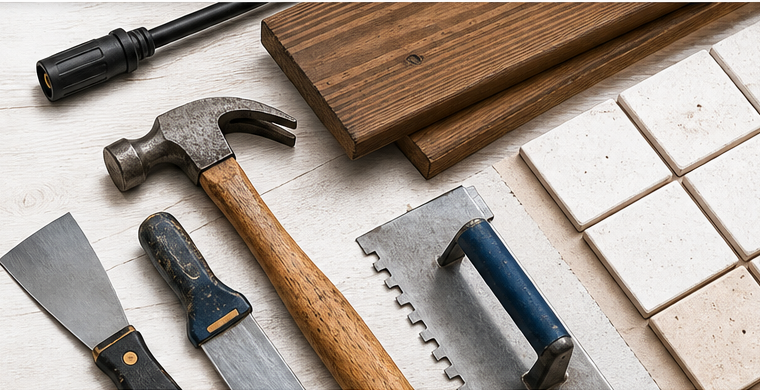 Hammer, tile tools, deck boards, and pressure washing equipment
